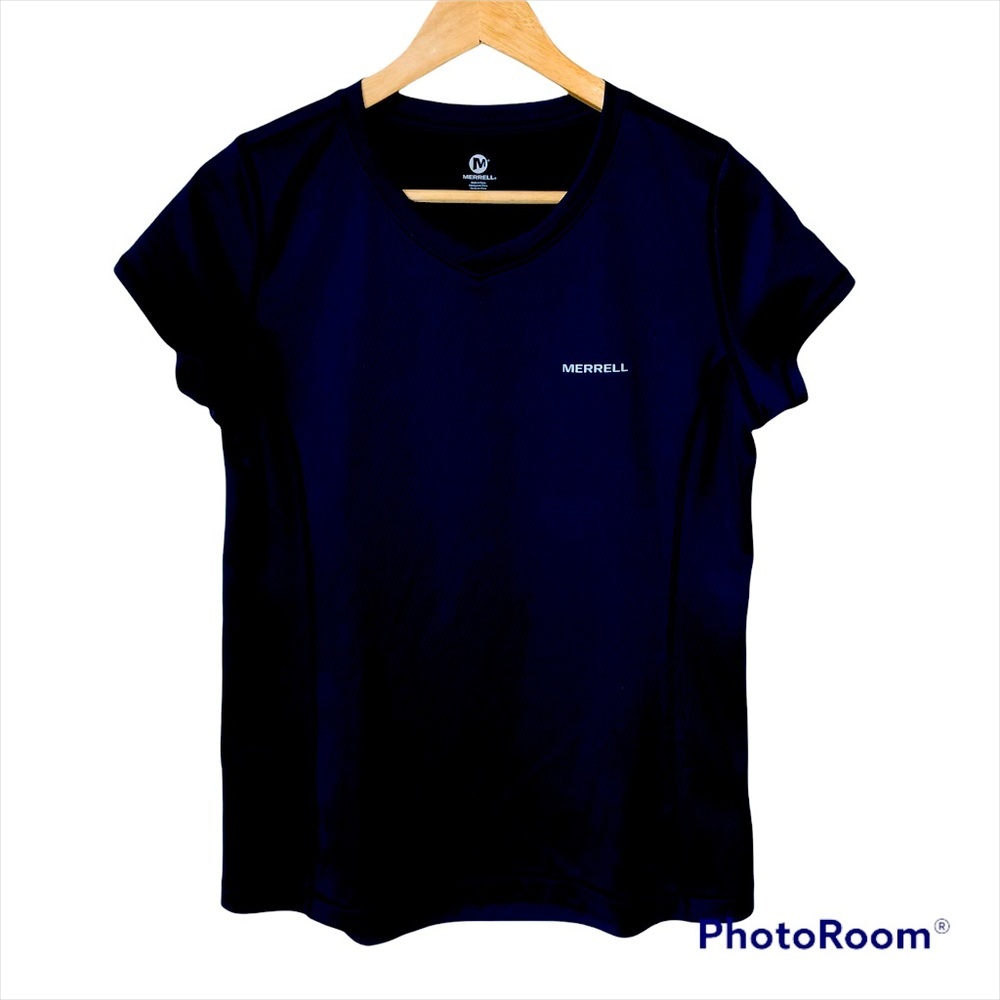 Merrell Women’s Medium T-Shirt Black V-Neck Workout Exercise Short Sleeve Gym